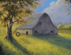 barn tire swing acrylic painting