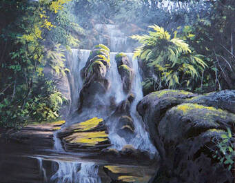 Misty Tropical Waterfall Painting