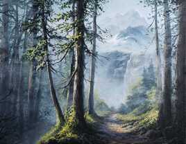 misty mountain range painting