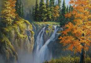 Autumn Mountain and Waterfall Painting