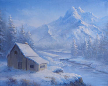 Cabin by the mountain oil painting