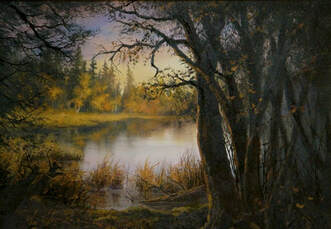 Sunset Forest Lake Painting